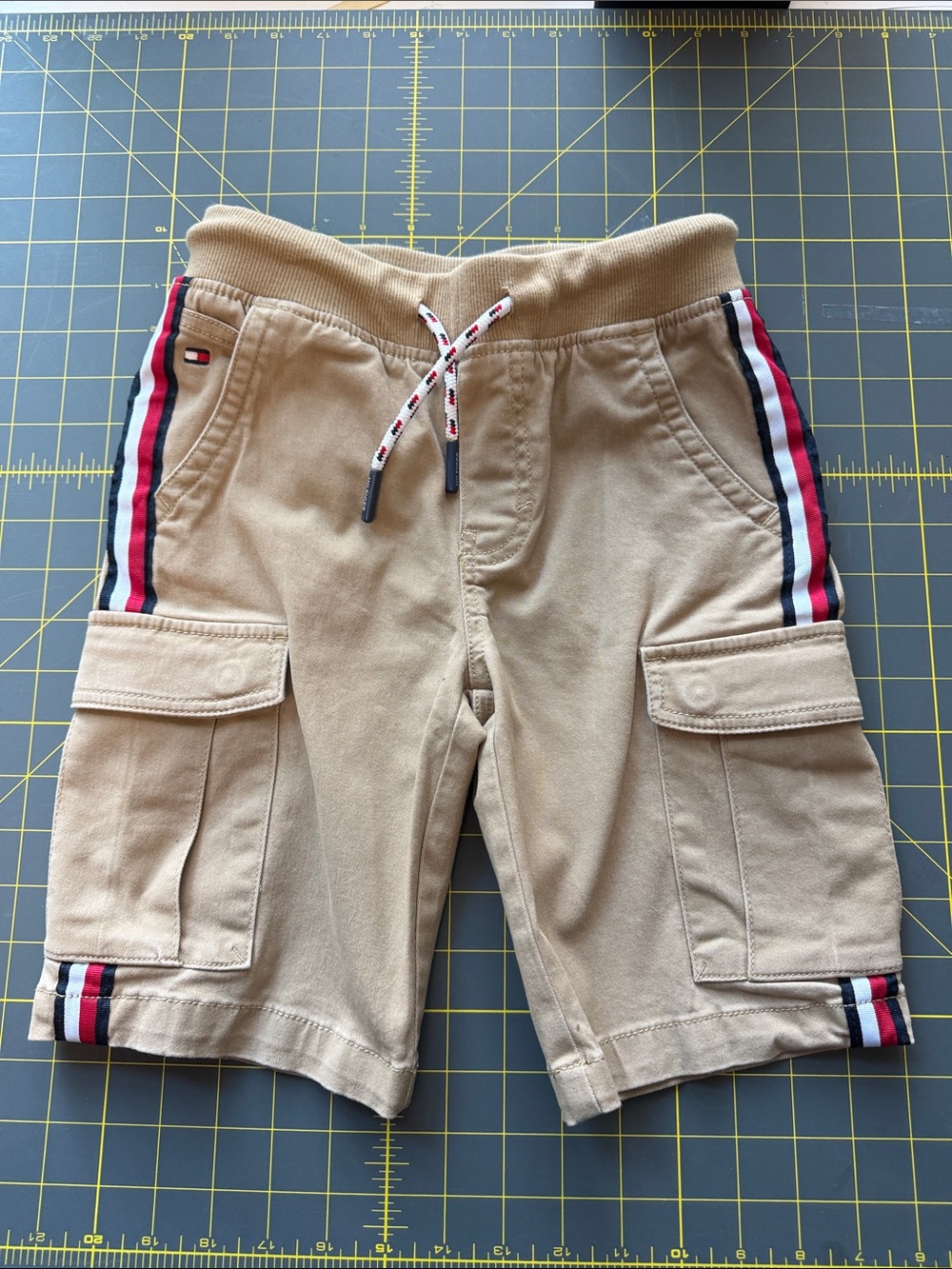 Tommy Hilfiger Tan Cargo Shorts with Red, White & Navy Stripes